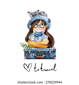 Traveler Girl With A Cat. Vector Illustration In Watercolor Style. Cute Children's Character.