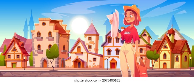 Traveler girl learning map searching way in foreign antique city with half-timbered buildings and paved road. Tourist woman summer vacation travel, character choose route, Cartoon vector illustration