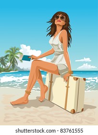 Traveler girl sitting on a suitcase on a tropical beach
