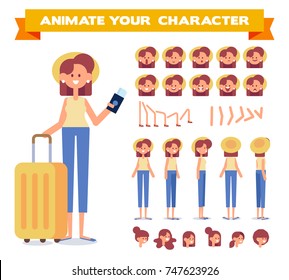 Traveler girl with tickets and luggage. Front, side, back, 3/4 view character. Woman character constructor with various views, face emotions, poses. Cartoon style, flat vector illustration.