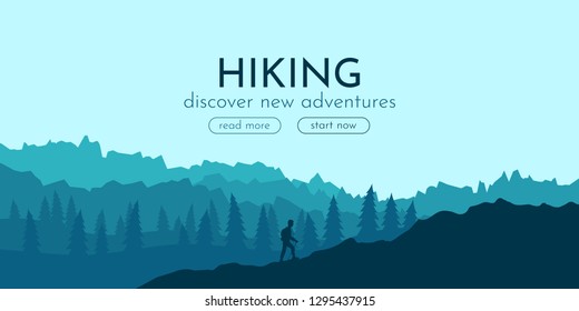 The traveler goes to the mountains with a backpack. Vector illustration