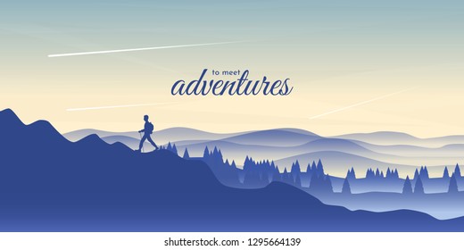 The traveler goes to the mountains with a backpack. Vector illustration