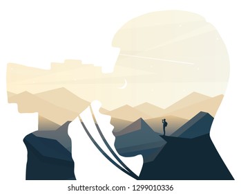 The traveler goes to the mountains with a backpack. Vector illustration