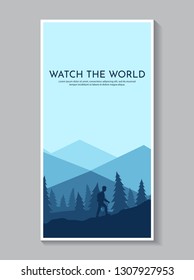 The traveler goes to the mountains with a backpack. Vector illustration