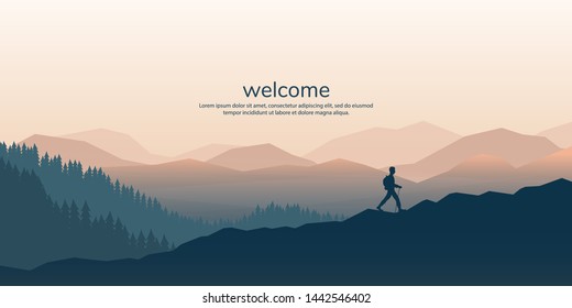 The traveler goes to the mountains with a backpack. Vector illustration