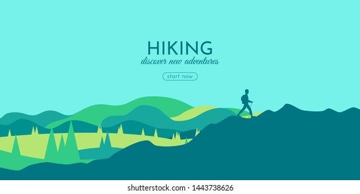 The traveler goes to the mountains with a backpack. Vector illustration