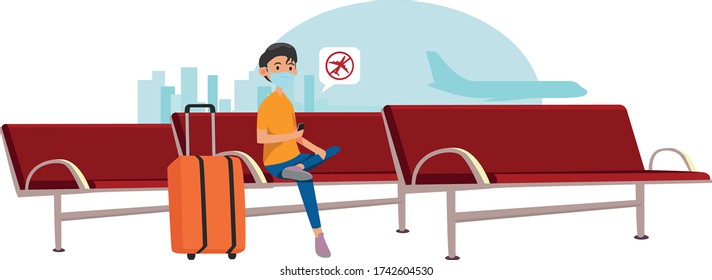 Traveler got a flight canceled notification in airport waiting room