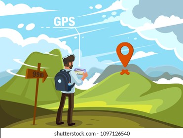Traveler guy with gps map on tablet searching path to a mountain on the green landscape and clouds. Flat design vector illustration.