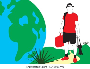 Traveler. A guy in a hat with a suitcase and a camera walking on the planet