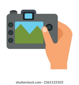 Traveler hand holding camera vector. Adjusting lens to take photo of mountain landscape. Multicolored flat vector icon representing hand gestures and actions concept isolated on white background