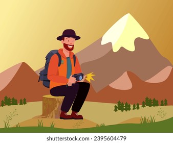 Reisende in Hut und Rucksack sitzen auf Stumpf, mit Kamera, Bergen und einfache Landschaft im Hintergrund. Männlicher Fotograf mit zufrieden stellendem Gesicht. Vektorgrafik für Banner oder Karten