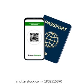 Traveler' health passport proof of vaccination certification on phone at airport covid-19 Immunity status, Vector illustration.
