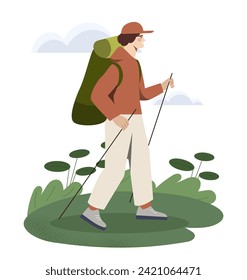 Traveler at hiking concept. Man with backpack and sticks at nature. Active lifestyle and leisure. Travel and tourism. Cartoon flat vector illustration isolated on white background