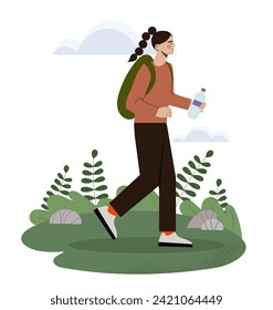 Traveler at hiking concept. Woman with backpack and bottle of water. Active lifestyle and leisure. Travel and tourism. Poster or banner. Cartoon flat vector illustration isolated on white background