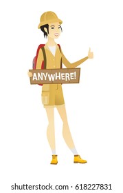 Traveler hitchhiking with tablet with text anywhere. Hitchhiking traveler trying to stop car. Traveler catching car and showing thumb up. Vector flat design illustration isolated on white background.