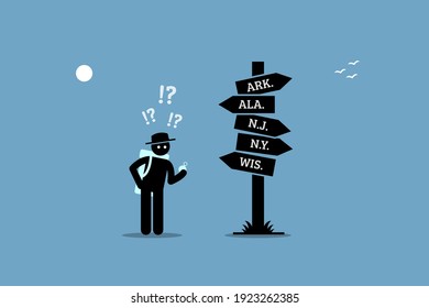 Traveler holding a compass, lose his way and confused with a road sign. Vector illustration concept of misdirection, searching destination, and uncertain, and wrong direction.