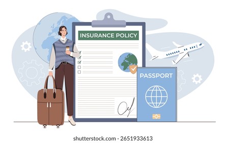 Traveler holding luggage and coffee stands beside a large insurance policy form and passport, with globe and airplane in background. Concept of travel safety. Flat vector illustration