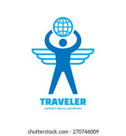 Traveler - human character with wings and globe - vector logo templte. Travel concept illustration. Delivery sign. Design element.