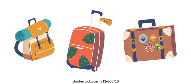 Traveler Items Icons Backpack with Mat, Suitcase and Luggage with Stickers Isolated on White Background. Luggage and Baggage for Summer Trip, Voyage, Traveling Objects. Cartoon Vector Illustration