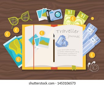 Traveler journal composition with tourist notebook with coins tickets and personal things on wooden surface background vector illustration