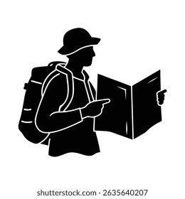 Traveler Looking At Map Exploring Outdoors Silhouette Vector Art Illustration