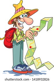 Traveler looking at map to find his way