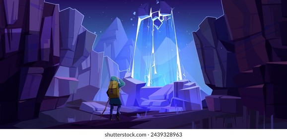 Traveler looking at neon light glowing through cracked cliff wall. Vector cartoon illustration of night rocky mountain landscape, huge stones around man with backpack, magic portal to fantasy world