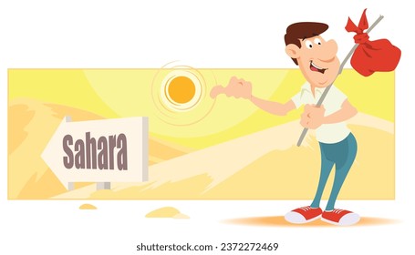 Traveler is looking for a passing car in desert. Funny people. Illustration concept template for website, web landing page, banner, presentation, social, poster, promotion or print media.