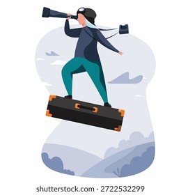 Un viajero mirando a través de un telescopio ilustrador aislado