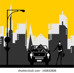 traveler with luggage in front of city vector background