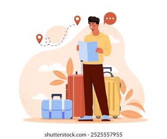 Traveler with luggage. Man with map in hands near suitcases. Travel and tourism, trip. Holiday and vacation. Journey and adventure. Flat vector illustration isolated on white background
