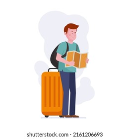Traveler with luggage. Passengers, tourists with suitcases, baggage flat vector illustration. Airport, tourism, vacation concept