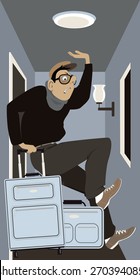 A Traveler With Luggage Squeezed In A Very Small Hotel Room, Vector Cartoon, No Transparencies, EPS 8