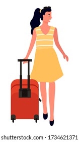 Traveler with luggage vector, walking woman with babbage looking aside. Isolated character wearing summer dress, vacation of personage journey relax
