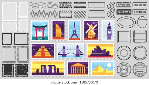 Traveler mail post stamp. City attractions postcard, fragile stamp and postage frames. Postal letters mail stamps, countries monuments marks. Isolated vector symbols set