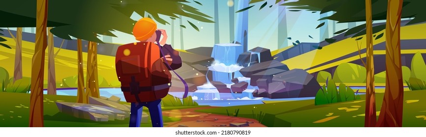 Traveler making picture on camera of scenery landscape with waterfall cascade fall from rock into pond in summer forest. Travel, journey adventure. Tourist with backpack Cartoon vector illustration