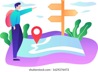 Traveler man with backpack, walkers, travelers and explorers who stand, and look at nature. Towards tourism and travel, discover new horizons. Flat vector illustration.