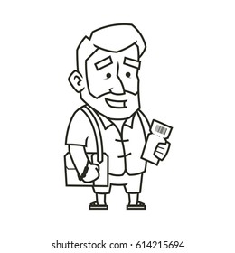 Traveler man with beard holding bag and tickets. Vector illustration of a character. Black and white. Thin lines. Isolated on white background.