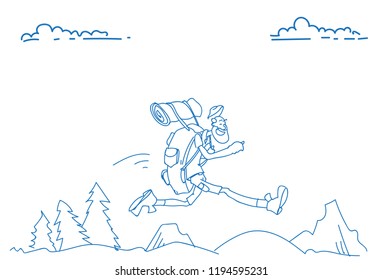 Traveler man big backpack running landscape mountain background hiker happy smiling sketch doodle horizontal vector illustration