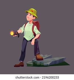 Traveler man with flashlight and backpack stand on rock illuminate road, looking for right way or explore new place. Isolated tourist game character hiking travel adventure Cartoon vector