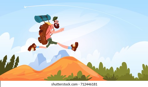 Homem Viajante Caminhadas Em Montanhas Feliz Sorriso Com Grande Mochila Sobre Natureza Paisagem Plano Ilustração Vector