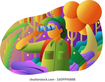 Traveler Man Hiking In Mountains.
A man is using binoculars with jungle background flat illustration design