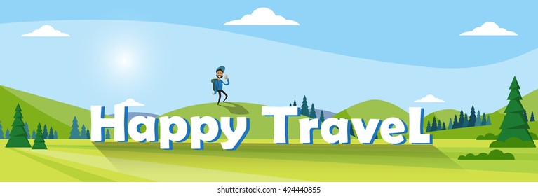 Traveler Man Hiking Over Mountain Background Outdoor Trekking Tourism Banner Vector Illustration