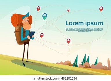 Traveler Man Hiking Using Tablet Navigation Outdoor Trekking Tourism Flat Vector Illustration