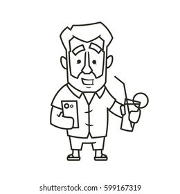Traveler man holding a glass with drink and smartphone. Vector illustration of a character. Black and white. Thin lines. Isolated on white background.