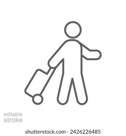 Traveler man icon. Simple outline style. Passenger pulling rolling bag, business trip, vacation, tourism concept. Thin line symbol. Vector illustration isolated. Editable stroke.