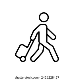 Traveler man icon. Simple outline style. Passenger pulling rolling bag, business trip, vacation, tourism concept. Thin line symbol. Vector illustration isolated.