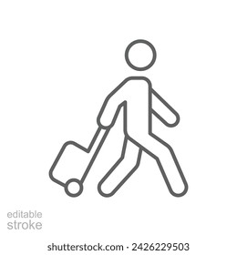 Traveler man icon. Simple outline style. Passenger pulling rolling bag, business trip, vacation, tourism concept. Thin line symbol. Vector illustration isolated. Editable stroke.