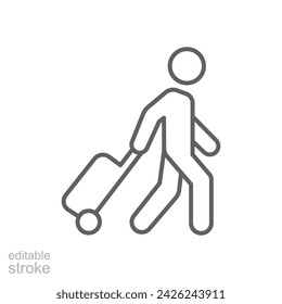 Traveler man icon. Simple outline style. Passenger pulling rolling bag, business trip, vacation, tourism concept. Thin line symbol. Vector illustration isolated. Editable stroke.