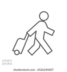 Traveler man icon. Simple outline style. Passenger pulling rolling bag, business trip, vacation, tourism concept. Thin line symbol. Vector illustration isolated. Editable stroke.